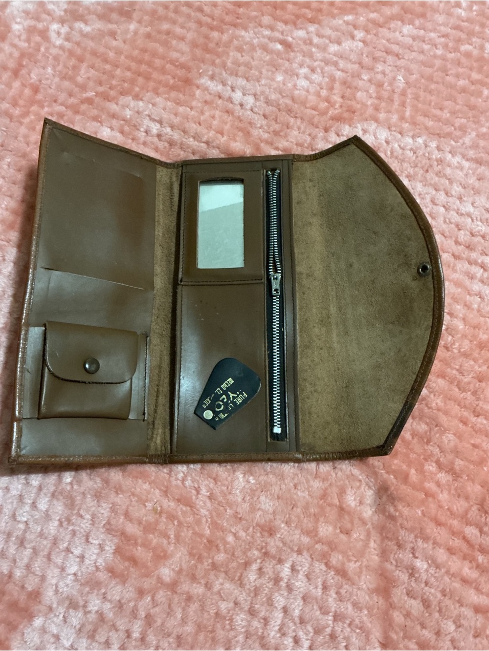 Brown Leather Trifold Wallet with Interior Mirror and Zip Pocket